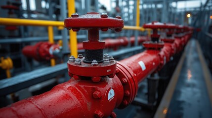 red pipes and valves in gas plant, factory pipe line, mechanical red pipes