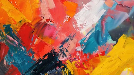 An abstract oil painting with a vibrant mix of primary colors and textured brushstrokes