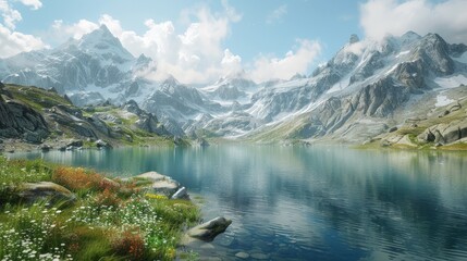 Obraz premium Serene alpine lake surrounded by mountains