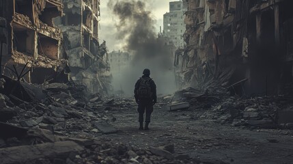 Soldier Walking Through Destroyed City, War Zone, Smoke, Rubble, Destruction, Aftermath.