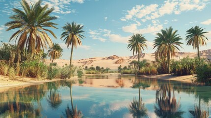 Serene desert oasis with palm trees