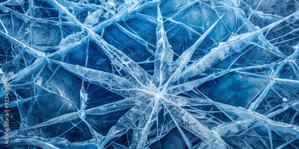 Poster Frosted blue abstract ice background with intricate cracks and fissures etched into its frozen surface, evoking a sense of vulnerability and winter's chill.
