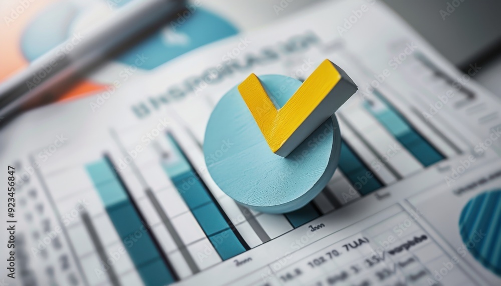 Wall mural colorful checkmark on a blue chart next to bar graphs and data tables during a business review