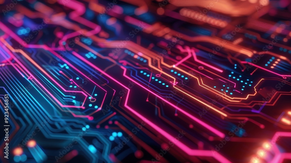 Poster an abstract technology background showcasing a pattern of illuminated circuit board traces