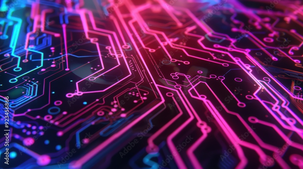 Poster an abstract technology background showcasing a pattern of illuminated circuit board traces