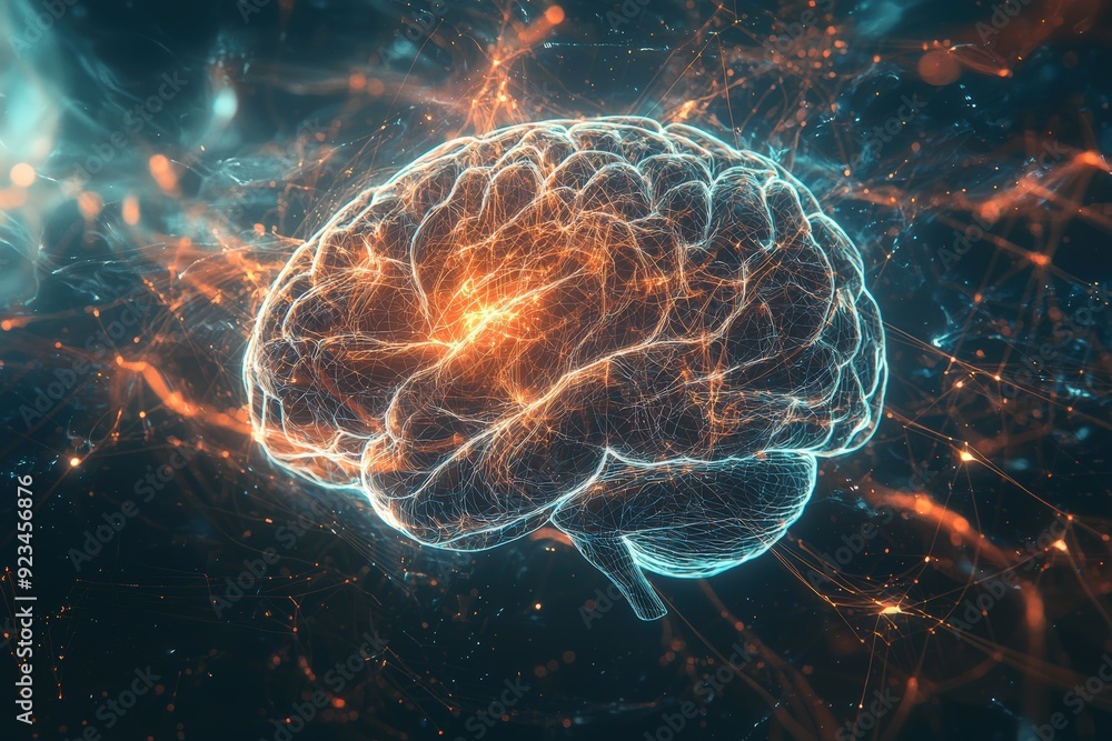 Poster abstract digital illustration of glowing lines forming a human brain, representing the complex netwo