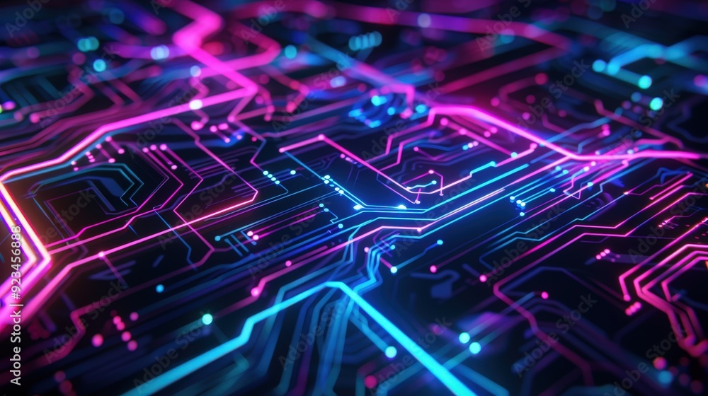 Poster an abstract technology background showcasing a pattern of illuminated circuit board traces