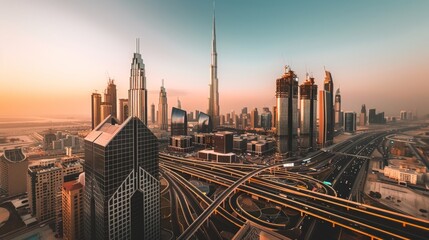 Obraz premium A vibrant cityscape captures the essence of modern architecture. The skyline features iconic buildings and busy highways. Discover the beauty of urban life and innovation. AI