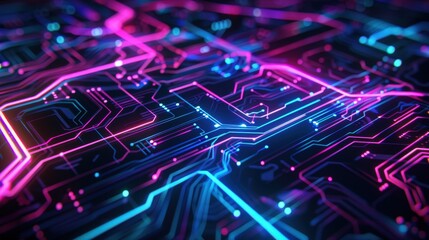 An abstract technology background showcasing a pattern of illuminated circuit board traces