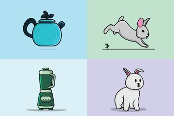 Collection of Rabbits with Tea Kettle vector illustration. Kitchen interior object icon concept.