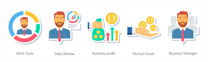 A set of 5 business icons as work cycle, sales review, business profit