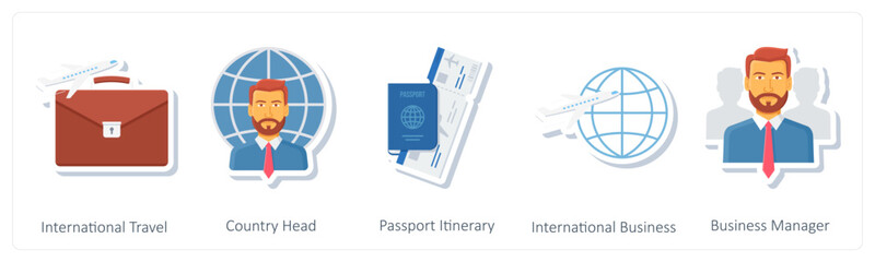 A set of 5 business icons as international travel, country head, passport ininerary