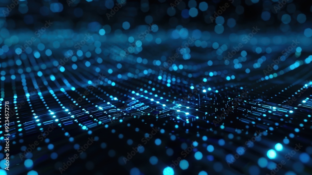 Poster an abstract technology background with a grid of interconnected, glowing elements.