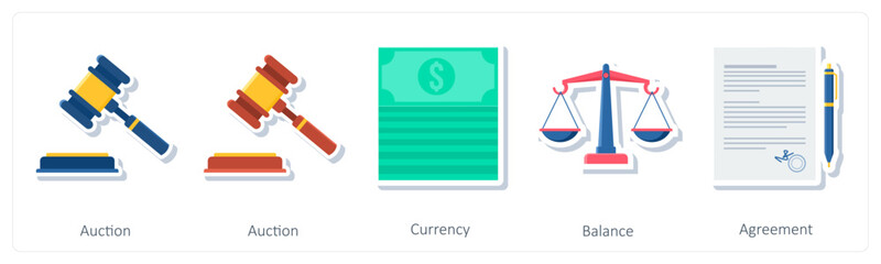 A set of 5 business icons as auction, currency, balance