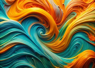 Vibrant swirls of turquoise, orange, and yellow acrylic paint create a mesmerizing, three-dimensional, wavy abstract background with dynamic texture and expressive movement.