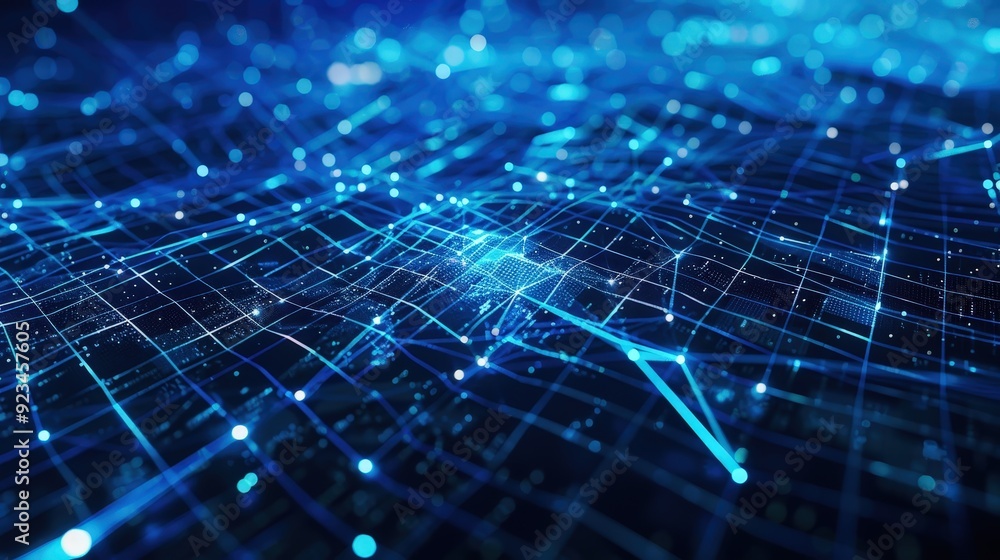 Poster an abstract technology background with a series of intersecting digital grids and glowing vector lin