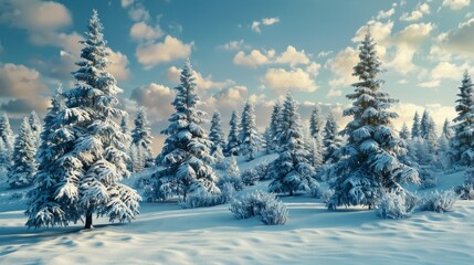 Fototapeta premium Snow-covered pine trees in a winter wonderland