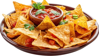 Delicious nachos served with salsa and topped with fresh cilantro on a wooden platter