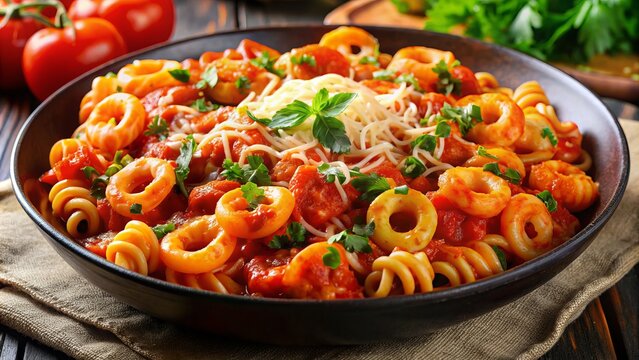 Colorful, curly pasta rings surrounded by bright red sauce and melted orange cheese make for a nostalgic and satisfying childhood-inspired comfort food scene.