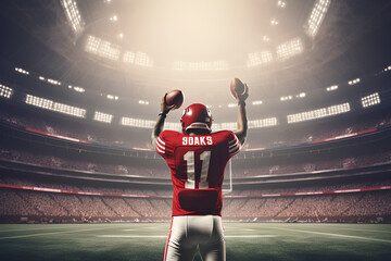 Rear view of American football player throwing ball against american football arena