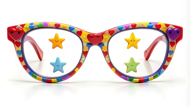 Colorful eyeglasses with various icons such as stars, hearts, and smiley faces decorative frames sitting on a white background, symbolizing fashionable and playful vision correction.