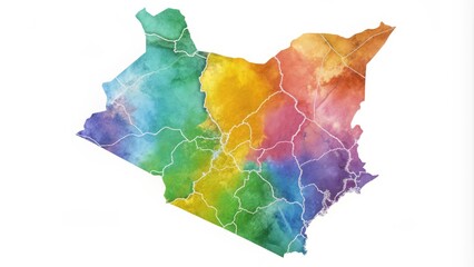 Colorful outline of Kenya's national boundaries and prominent geographical features against a white background, ideal for educational and travel-related designs and presentations.