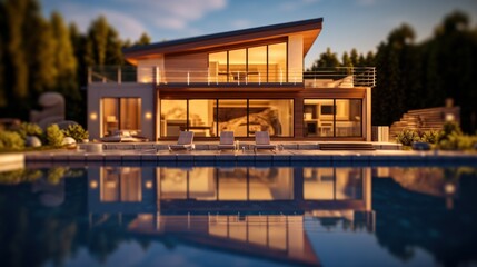 Modern Home with Swimming Pool at Sunset
