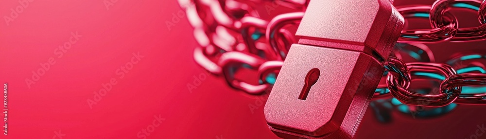 Poster a vibrant red background with a shiny padlock and chain symbolizing security, protection, and safety