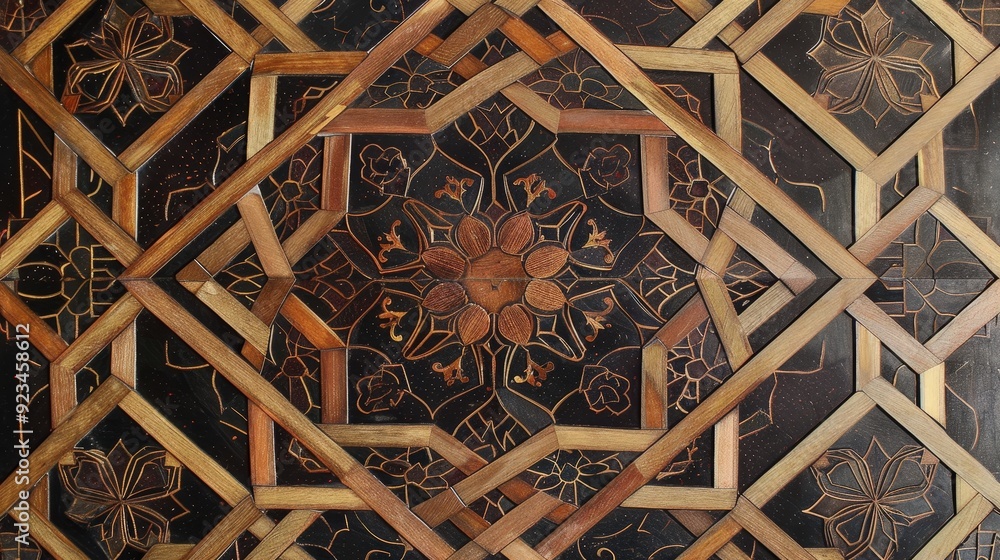 Poster an elegant arabic design with a series of repeating hexagonal and octagonal patterns.