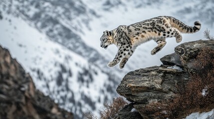 Fototapeta premium Majestic Snow Leopard Leaping Between Rocky Cliffs in Snowy Mountains.