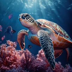 Obraz premium Green Sea Turtle Swimming Through Coral Reef Underwater.