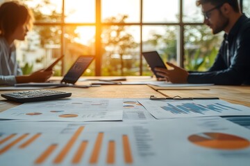 Financial data in sharp focus as a diverse business team collaborates on laptops and tablets, bathed in the warm glow of a setting sun. 