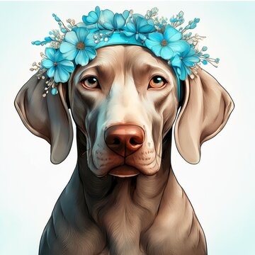 Perro weimaraner marr&oacute;n con vincha de flores celestes