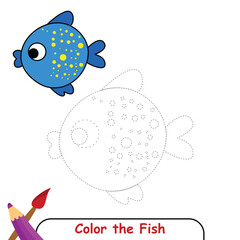 Fish coloring page colored illustration, coloring book or coloring page for kids, fish line drawing, fish vector illustration