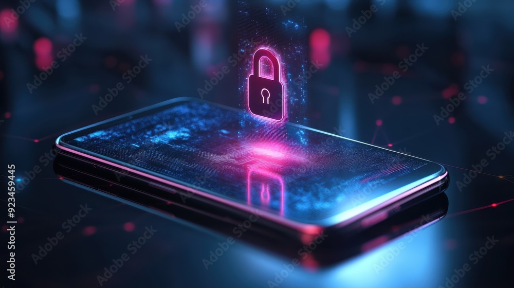 Poster futuristic 3d smartphone with holographic lock for mobile encryption