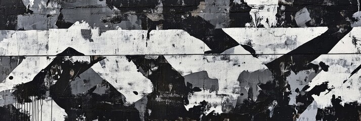 Fototapeta premium Abstract black and white texture of torn poster on wood panel, symbolizing urban decay, grunge, raw art, distressed texture, and abstract art.