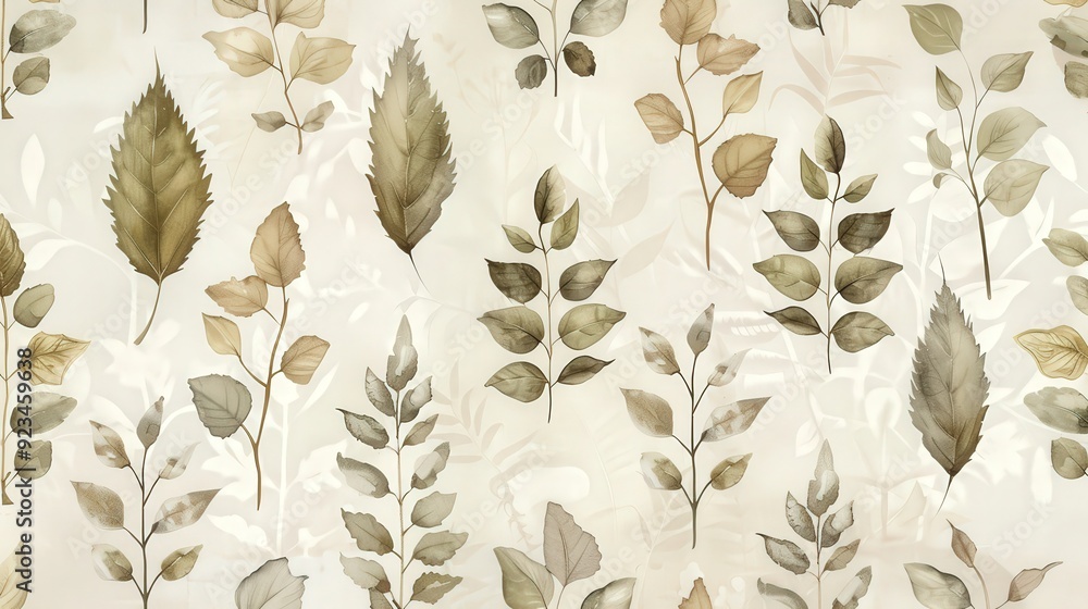 Poster an elegant leaf pattern featuring detailed illustrations of various leaves arranged in a harmonious 