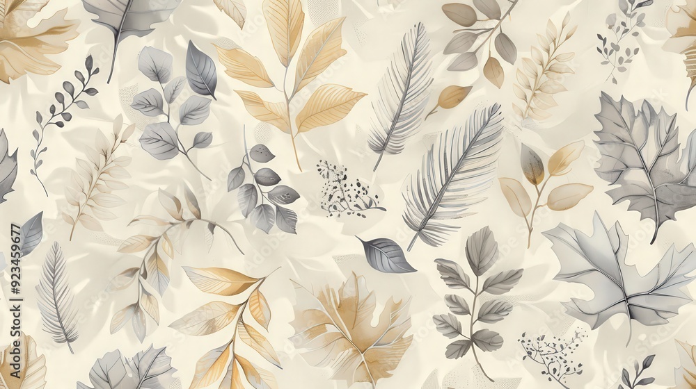 Poster an elegant leaf pattern featuring detailed illustrations of various leaves arranged in a harmonious 