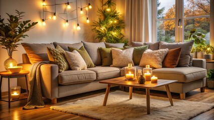 Cozy atmosphere with soft cushions, warm lighting, and a peaceful ambiance, inviting relaxation and tranquility on a comfortable couch in a serene home setting.