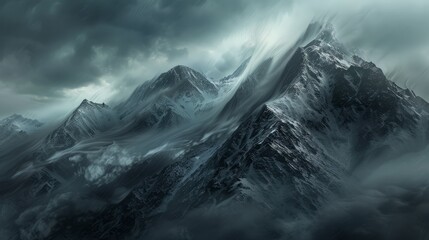 Stormy winds whipping through towering mountain peaks, showcasing raw natural energy