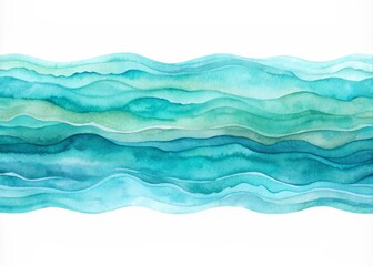 Fototapeta premium Vibrant aquamarine watercolor strip with multilayered, wavy textures and soft, blended edges, evoking a serene and calming ocean-inspired abstract background or design element.