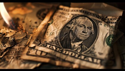 Burning dollar bills on a dark surface with a flickering flame