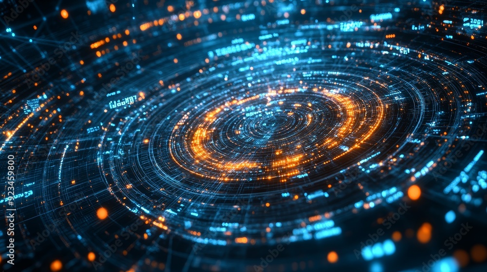Poster abstract technology background with glowing circles and data. symbolizing digital world, innovation,
