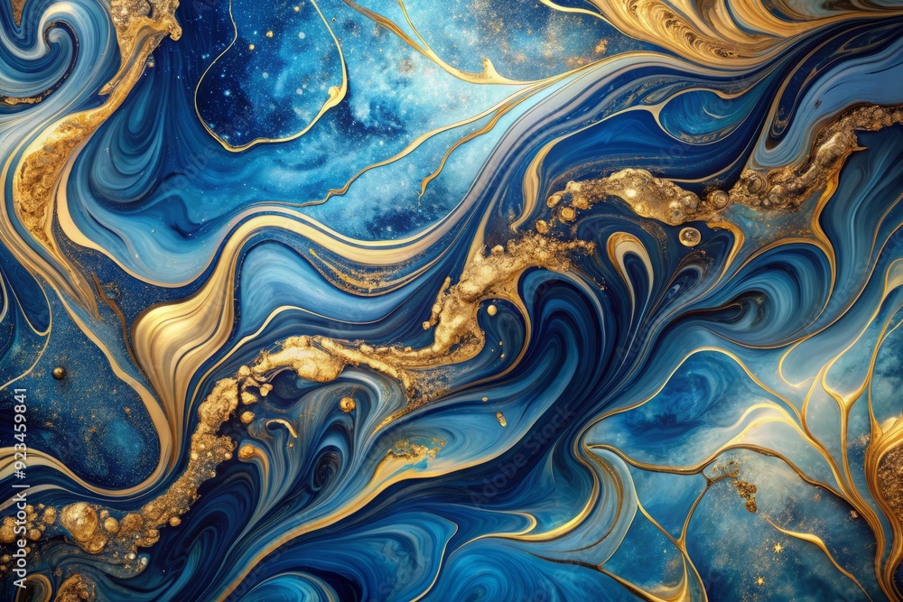 Poster luxurious blue and gold abstract marble background with intricate swirling patterns and subtle shimm