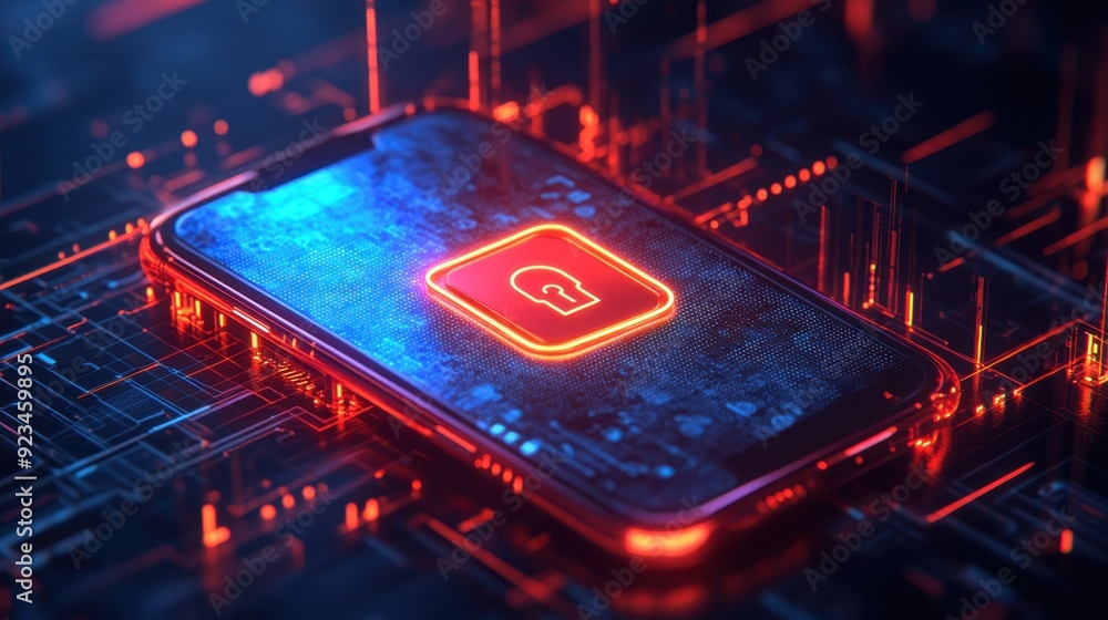 Poster secure 3d smartphone with lock and shield icon for advanced cybersecurity protection