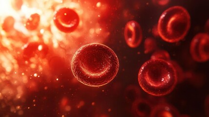 Naklejka premium Microscopic view of red cells in a bright, glowing environment, showcasing their biconcave shape