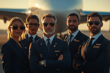 Diverse flight crew in front of an airplane, multicultural airline team at work