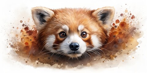 Watercolor Painting of a Red Panda Peeking Out of a Brown Splash. double exposure