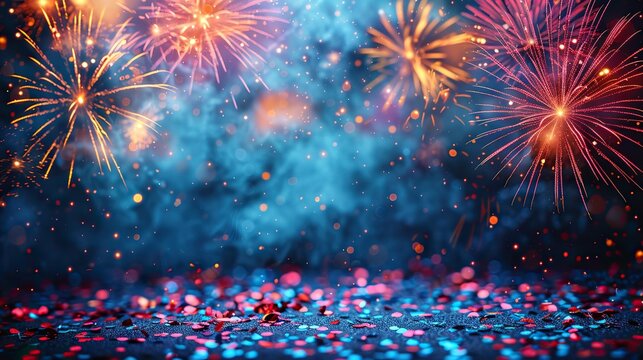 4th of july fireworks with confetti on pastel blue background happy independence day usa concept.