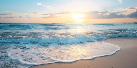 Fototapeta premium A serene beach scene featuring a stunning sunset with gentle waves lapping against the shoreline, capturing the tranquil beauty of the ocean and the sky's warm hues.